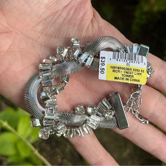 International Concepts Crystal & Snake Chain Twisted Flex Silver Bracelet By INC - Picture 4 of 8